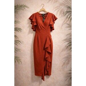 Small Rust Red Ruffle Midi Dress NWT Knitee Faux Wrap Cocktail Sheath Style